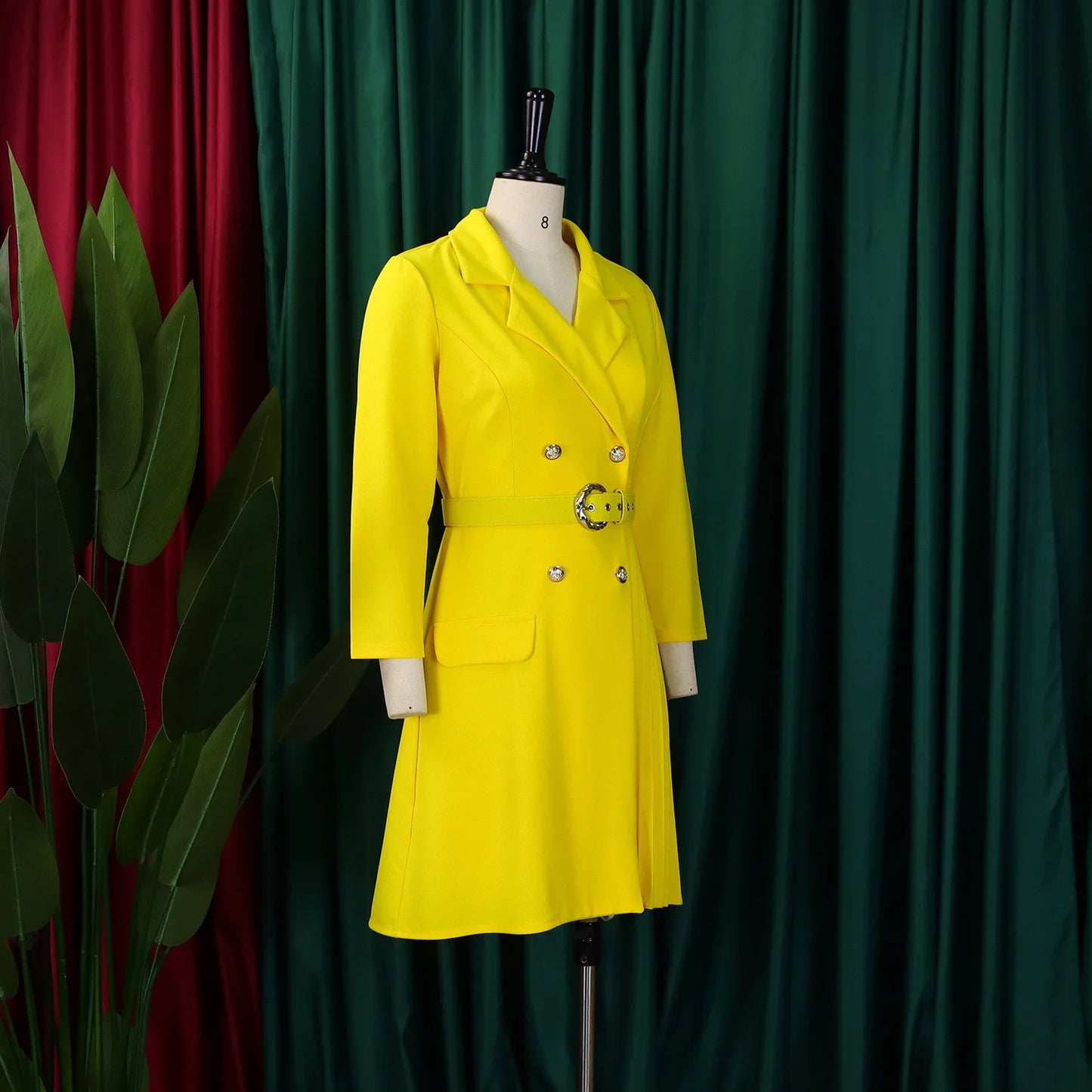 Pleated Mid-Calf Solid Dress