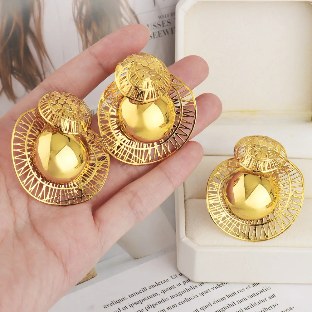New Gold Plated Earrings Ring Set - Dubai Luxury Exaggerated Design