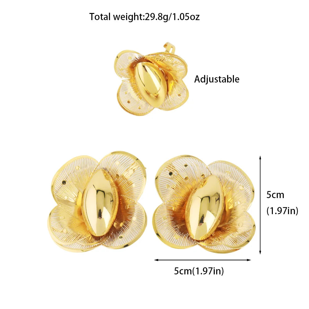 New Gold Plated Earrings Ring Set - Dubai Luxury Exaggerated Design