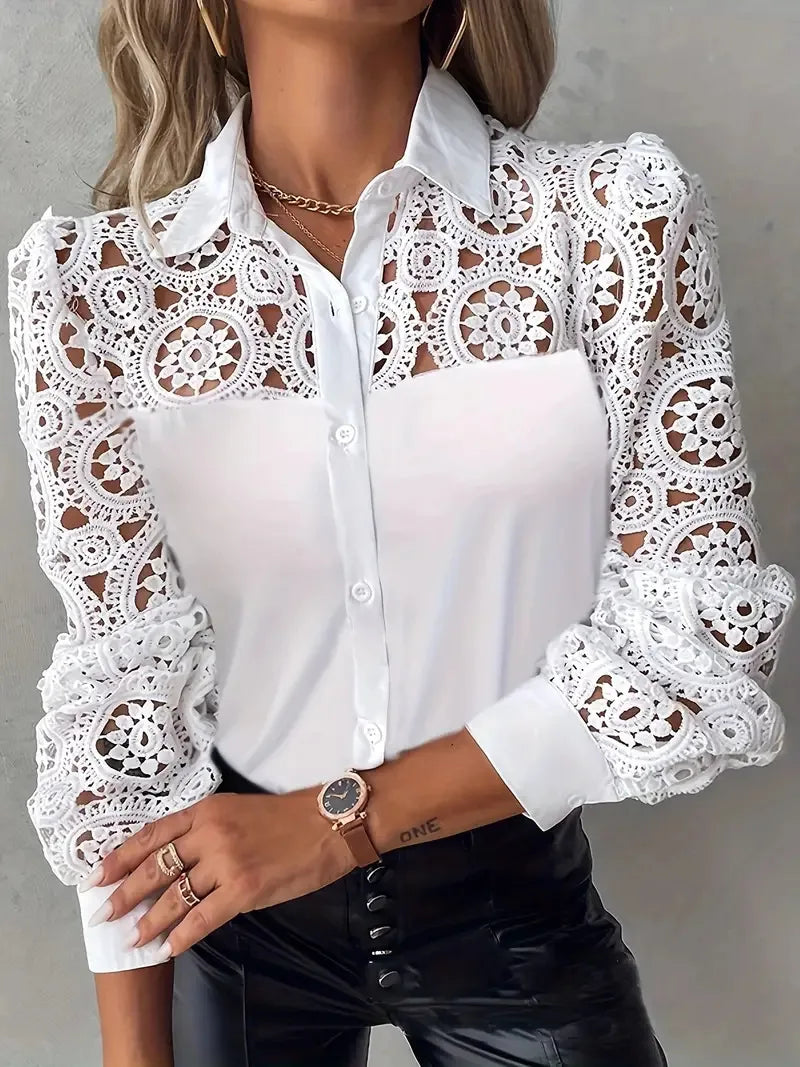 Elegant  Women Blouse White Shirt Lace Hollow Panel