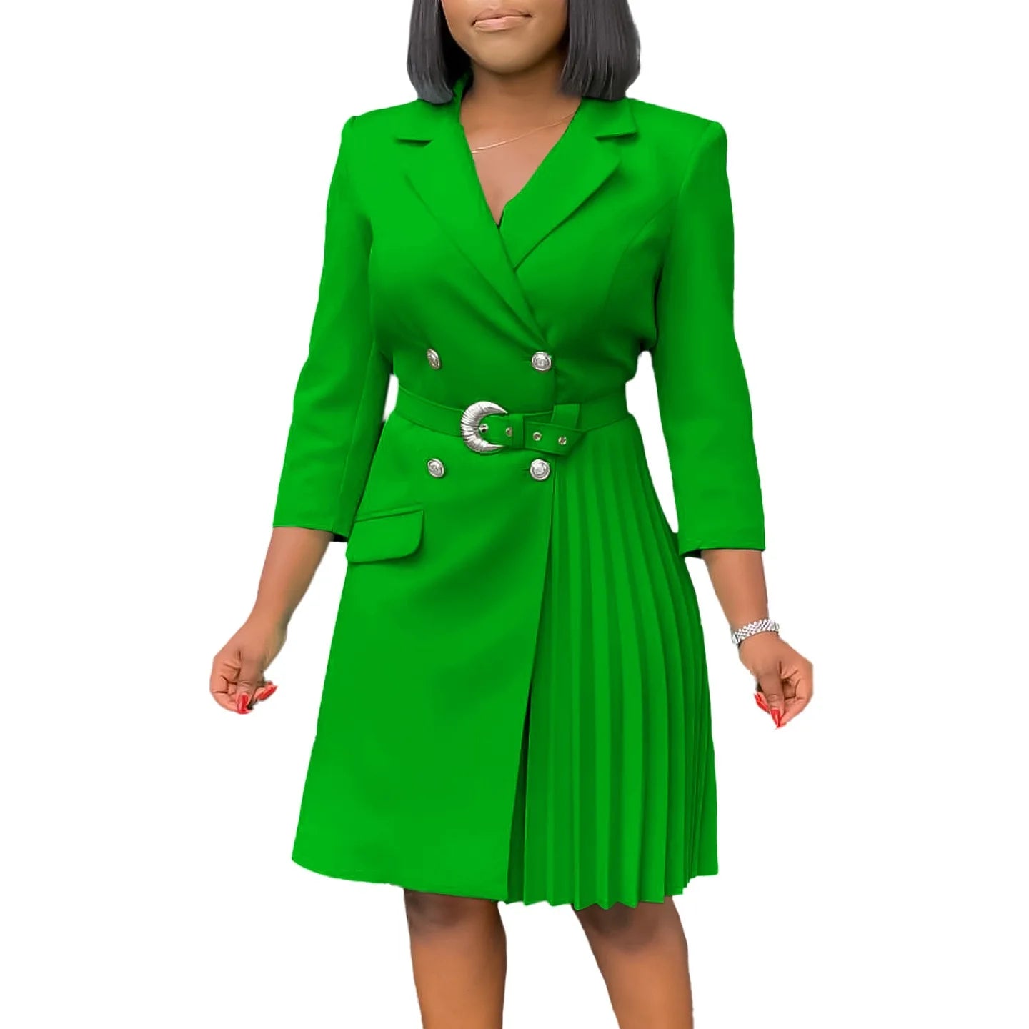 Pleated Mid-Calf Solid Dress