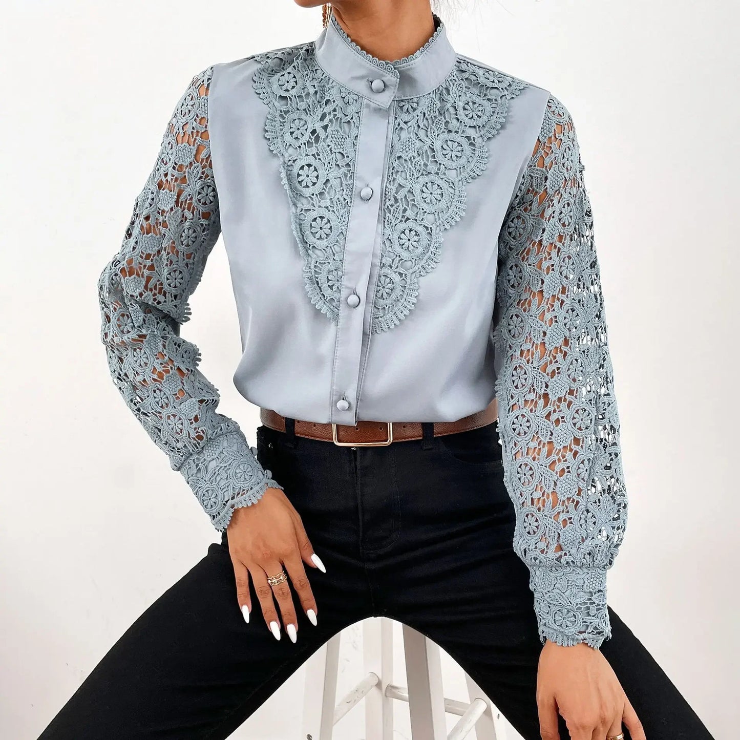 Elegant Blouses Office Spring Casual Button V-neck Long Sleeve