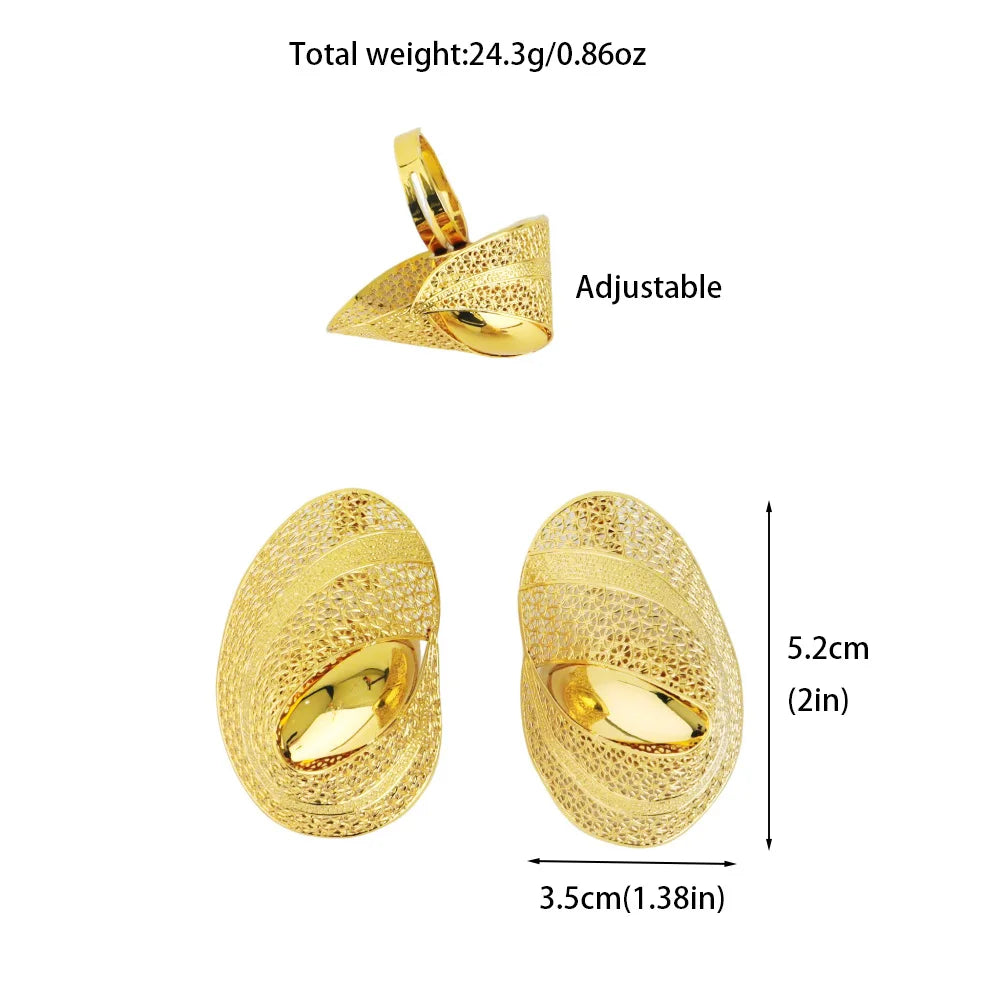 New Gold Plated Earrings Ring Set - Dubai Luxury Exaggerated Design