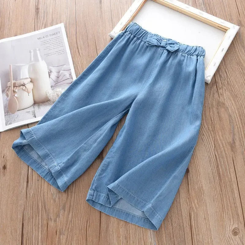 Children Wide Leg Pants Summer Casual Thin Chiffon Cropped Trousers For Teenager Girls Clothes 2 4 6 8 10 Years