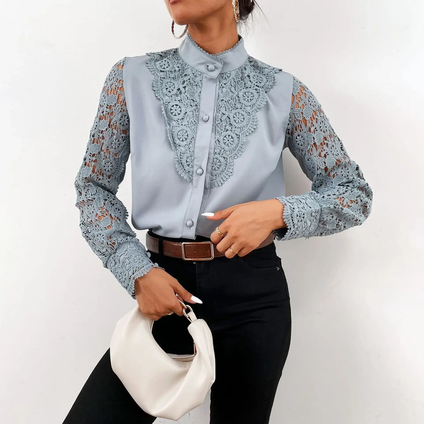 Elegant Blouses Office Spring Casual Button V-neck Long Sleeve