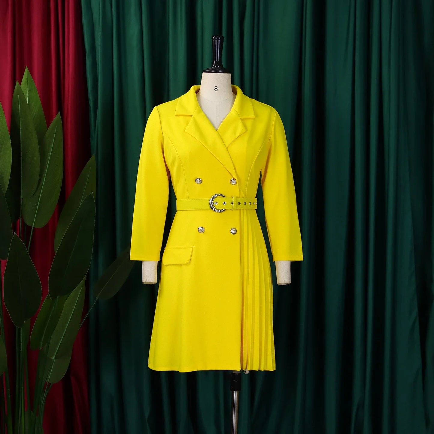 Pleated Mid-Calf Solid Dress