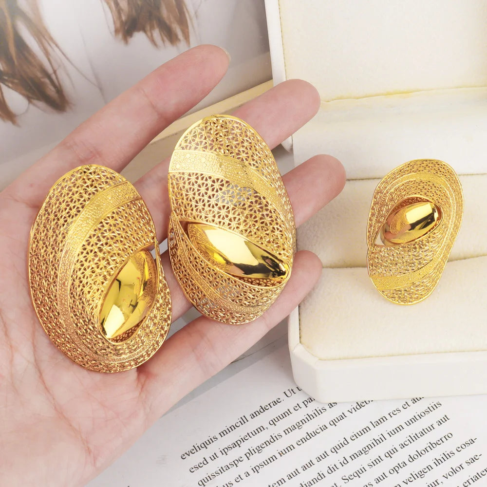 New Gold Plated Earrings Ring Set - Dubai Luxury Exaggerated Design