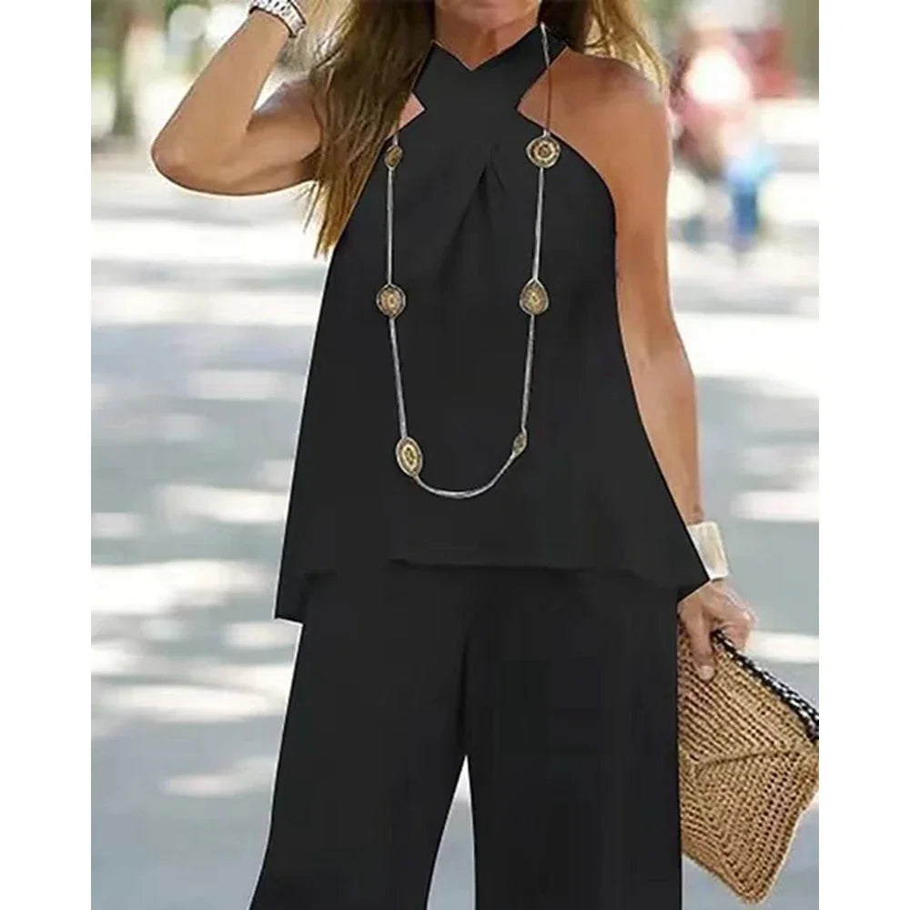 Women Two-Piece Set Halter Sleeveless V-Neck Top & High Waist Pants