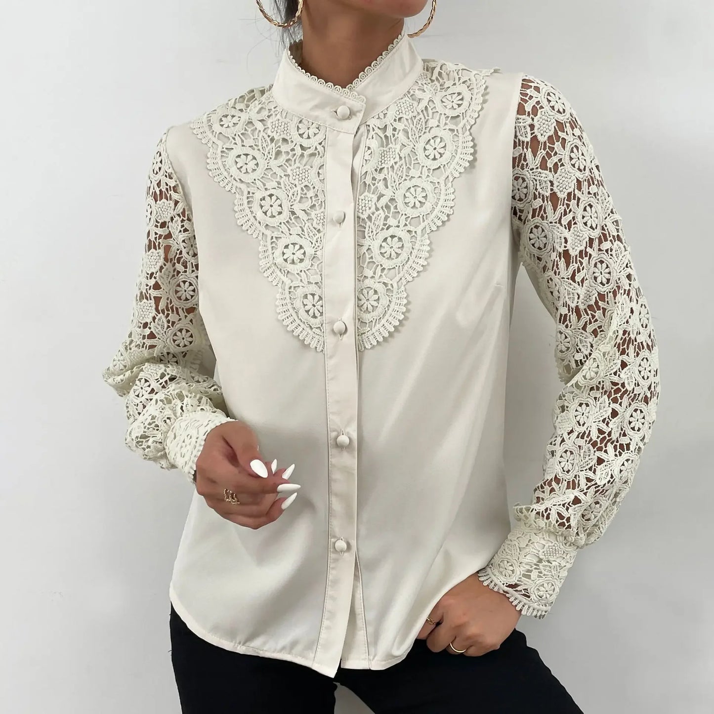 Elegant Blouses Office Spring Casual Button V-neck Long Sleeve