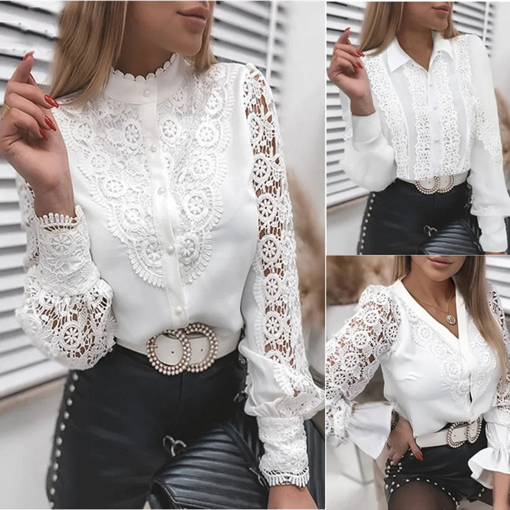 Elegant Blouses Office Spring Casual Button V-neck Long Sleeve