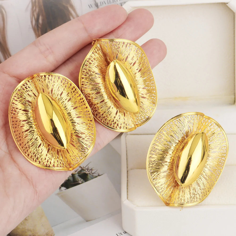 New Gold Plated Earrings Ring Set - Dubai Luxury Exaggerated Design