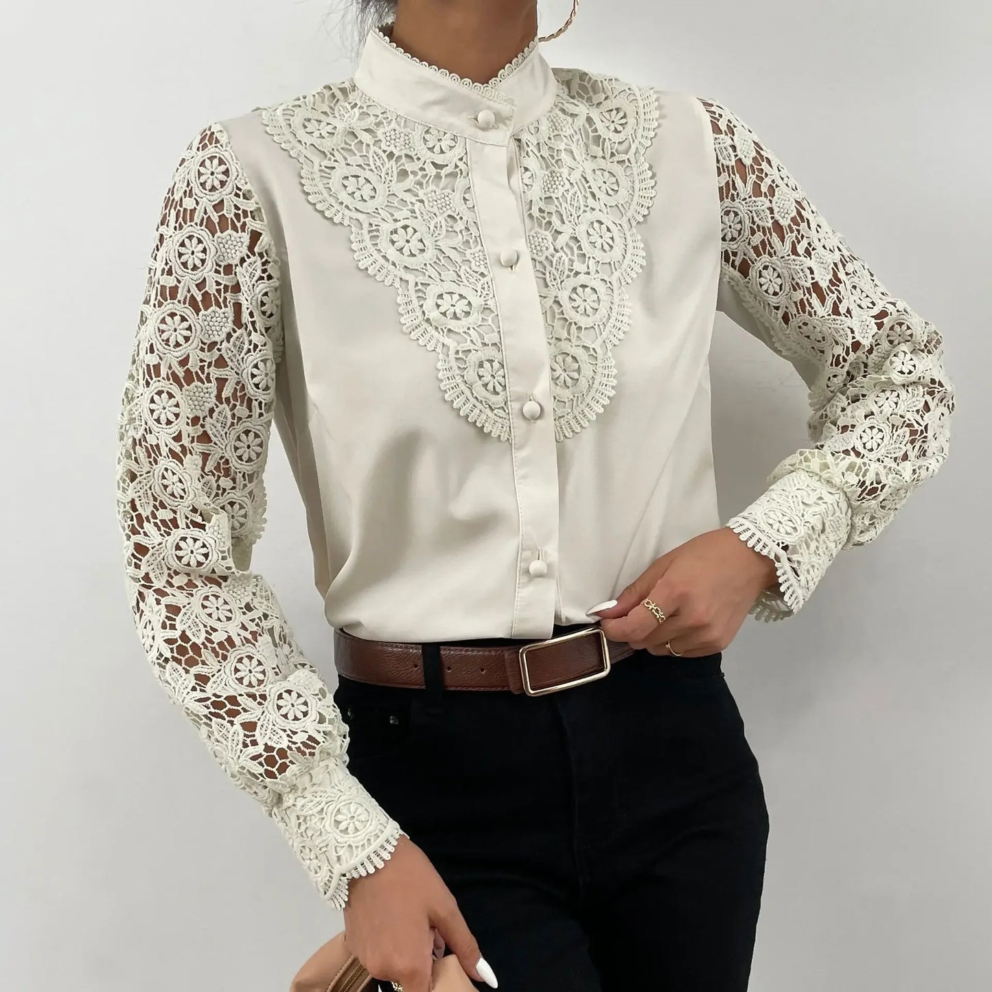 Elegant Blouses Office Spring Casual Button V-neck Long Sleeve