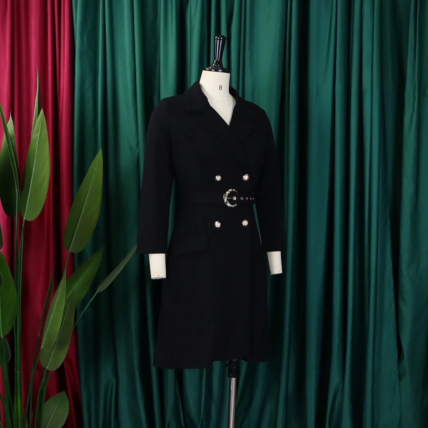 Pleated Mid-Calf Solid Dress