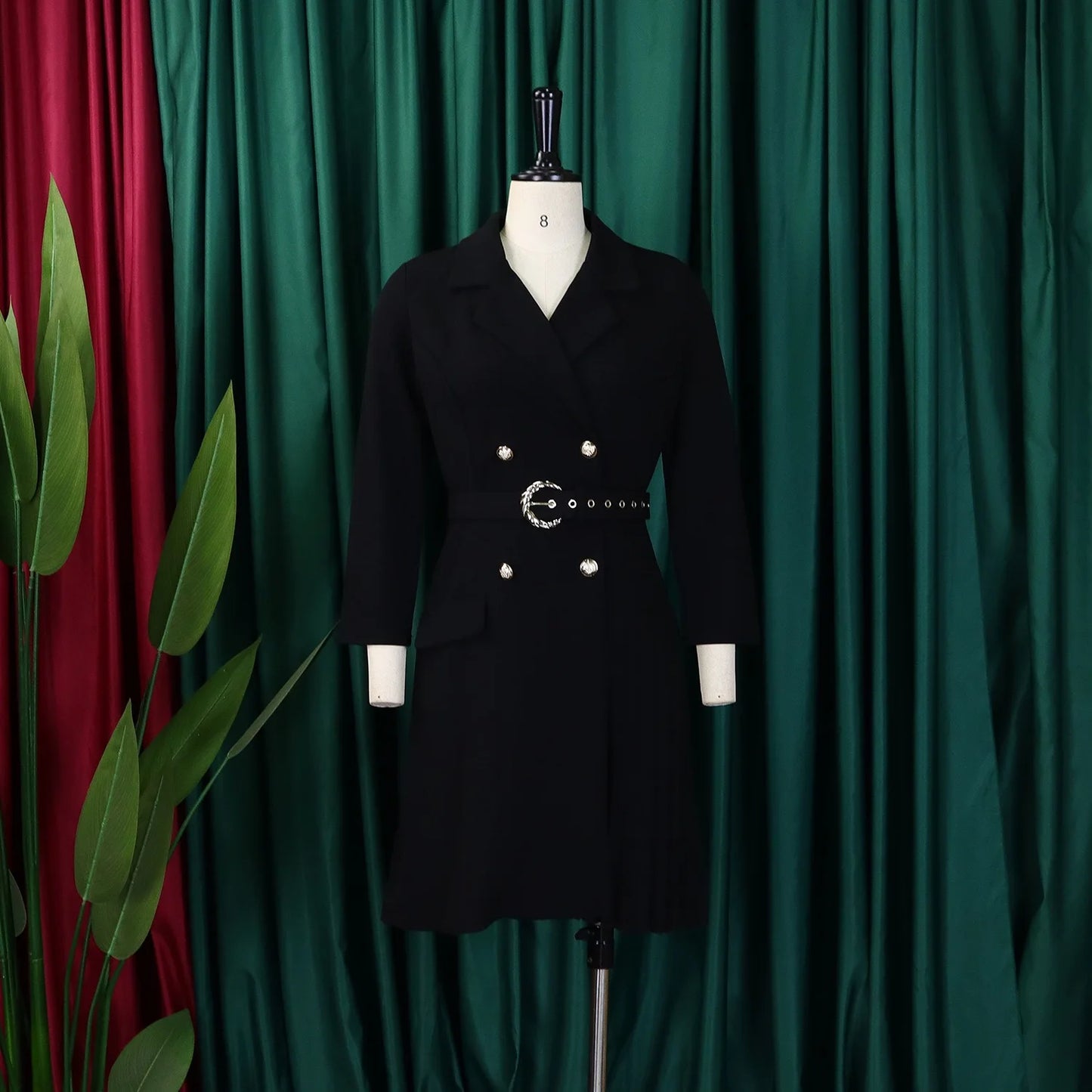 Pleated Mid-Calf Solid Dress