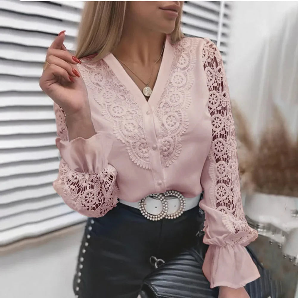 Elegant Blouses Office Spring Casual Button V-neck Long Sleeve