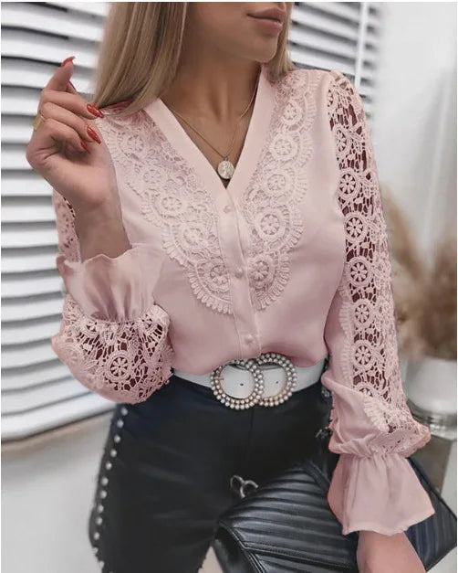 Elegant  Women Blouse White Shirt Lace Hollow Panel