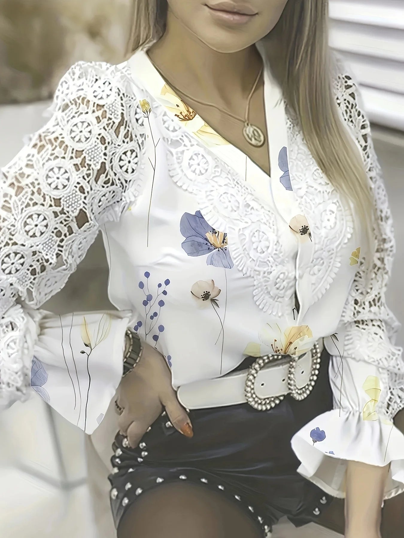 Elegant  Women Blouse White Shirt Lace Hollow Panel