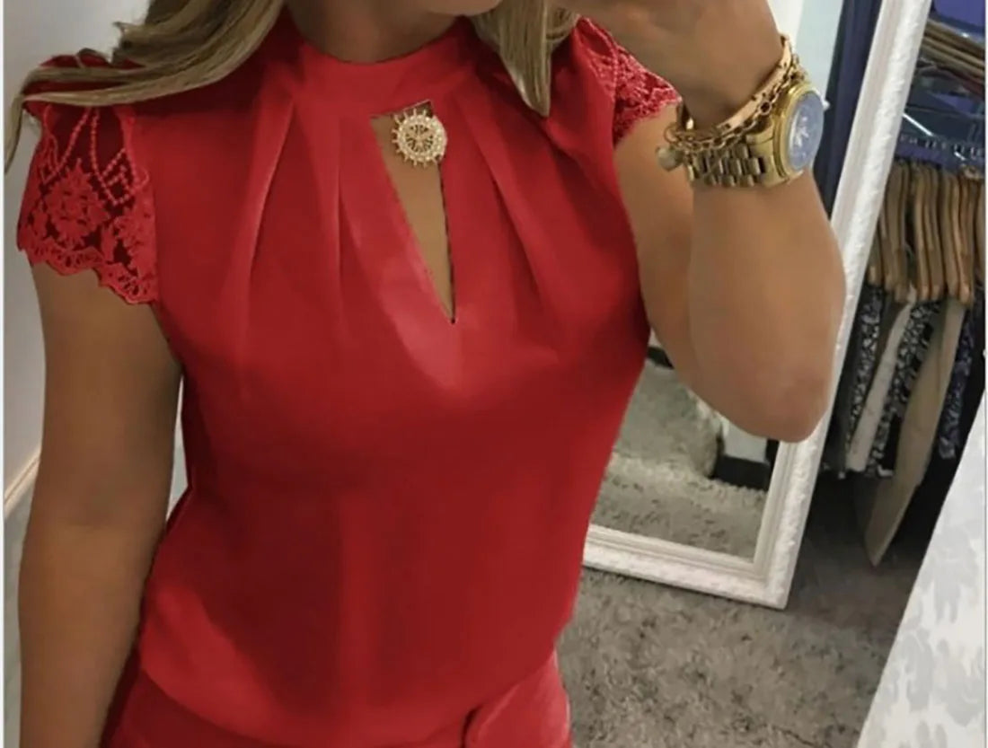 Stand up collar V neck Lace Blouse