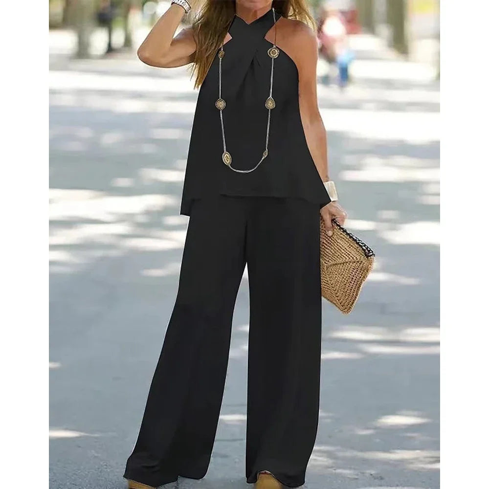 Women Two-Piece Set Halter Sleeveless V-Neck Top & High Waist Pants