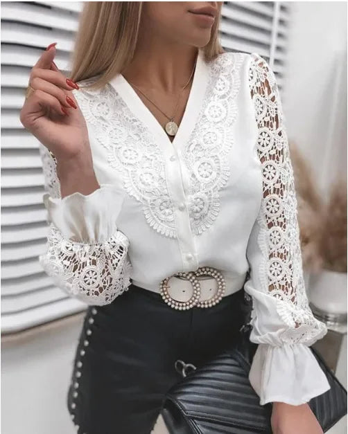 Elegant Blouses Office Spring Casual Button V-neck Long Sleeve