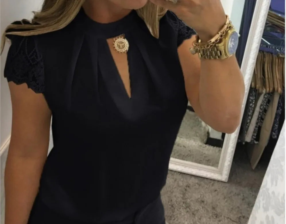 Stand up collar V neck Lace Blouse