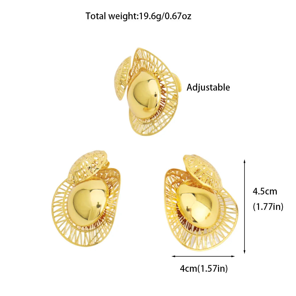 New Gold Plated Earrings Ring Set - Dubai Luxury Exaggerated Design