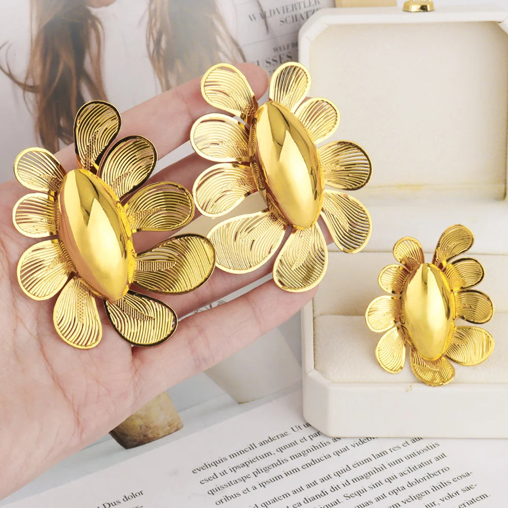 New Gold Plated Earrings Ring Set - Dubai Luxury Exaggerated Design