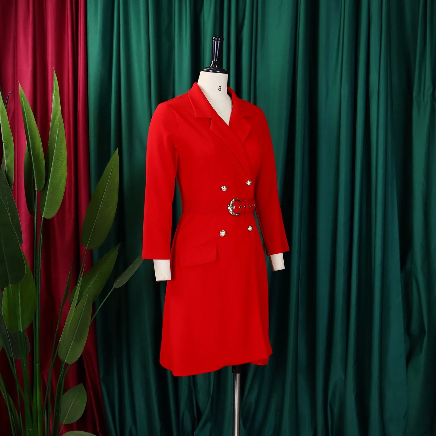 Pleated Mid-Calf Solid Dress