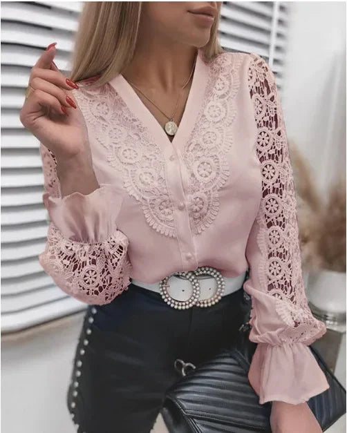 Elegant Blouses Office Spring Casual Button V-neck Long Sleeve