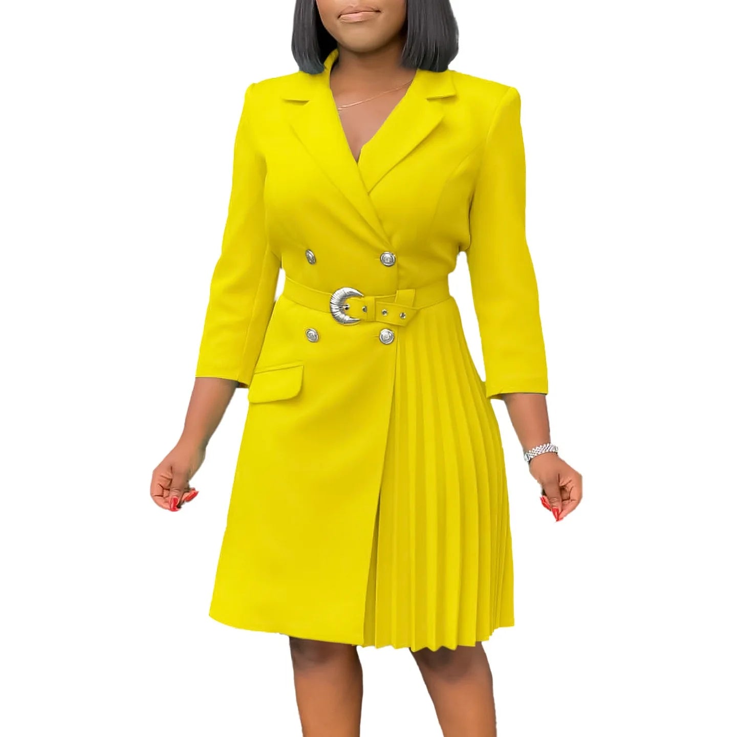 Pleated Mid-Calf Solid Dress