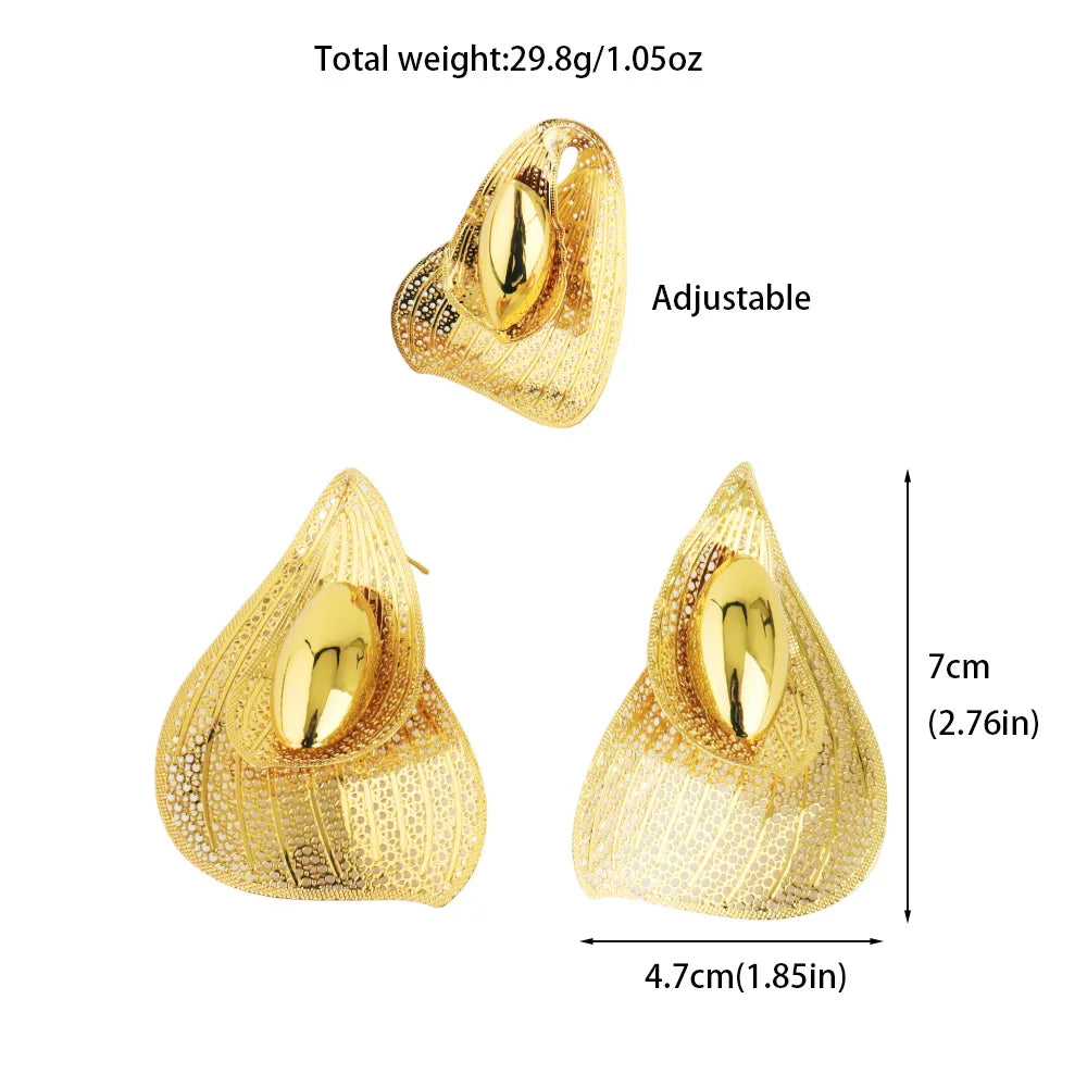 New Gold Plated Earrings Ring Set - Dubai Luxury Exaggerated Design