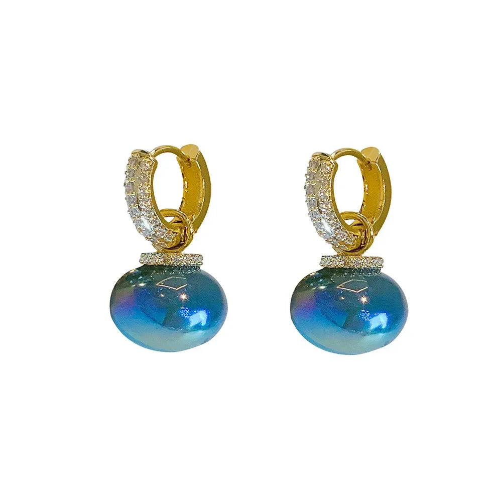 Colorful Blue Pearl Circle Ear Button Eardrop