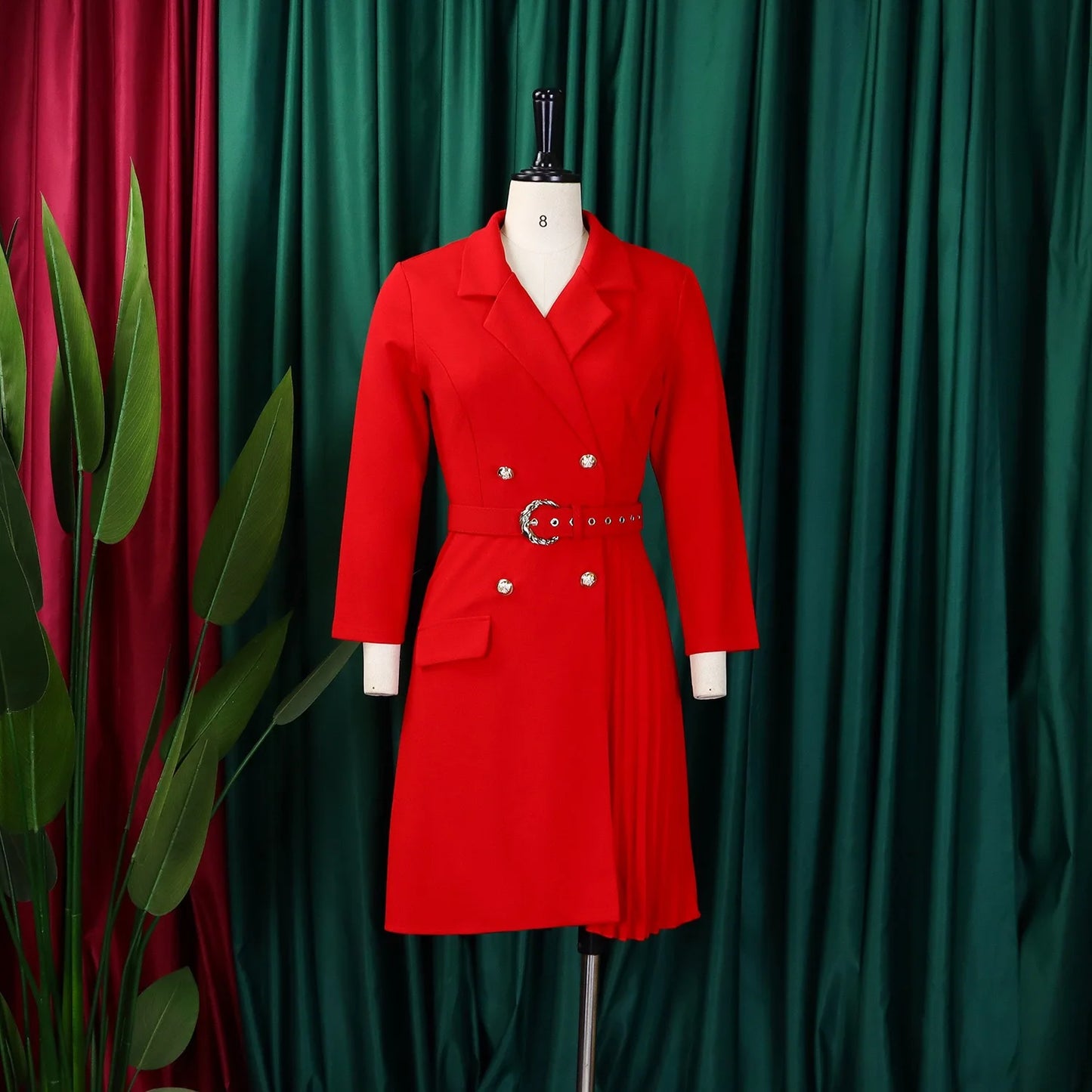 Pleated Mid-Calf Solid Dress