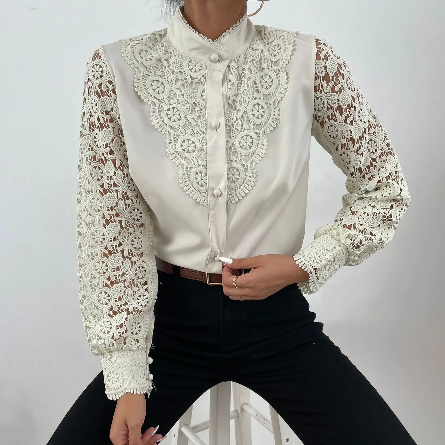 Elegant Blouses Office Spring Casual Button V-neck Long Sleeve