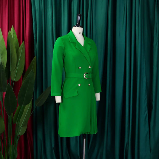 Pleated Mid-Calf Solid Dress