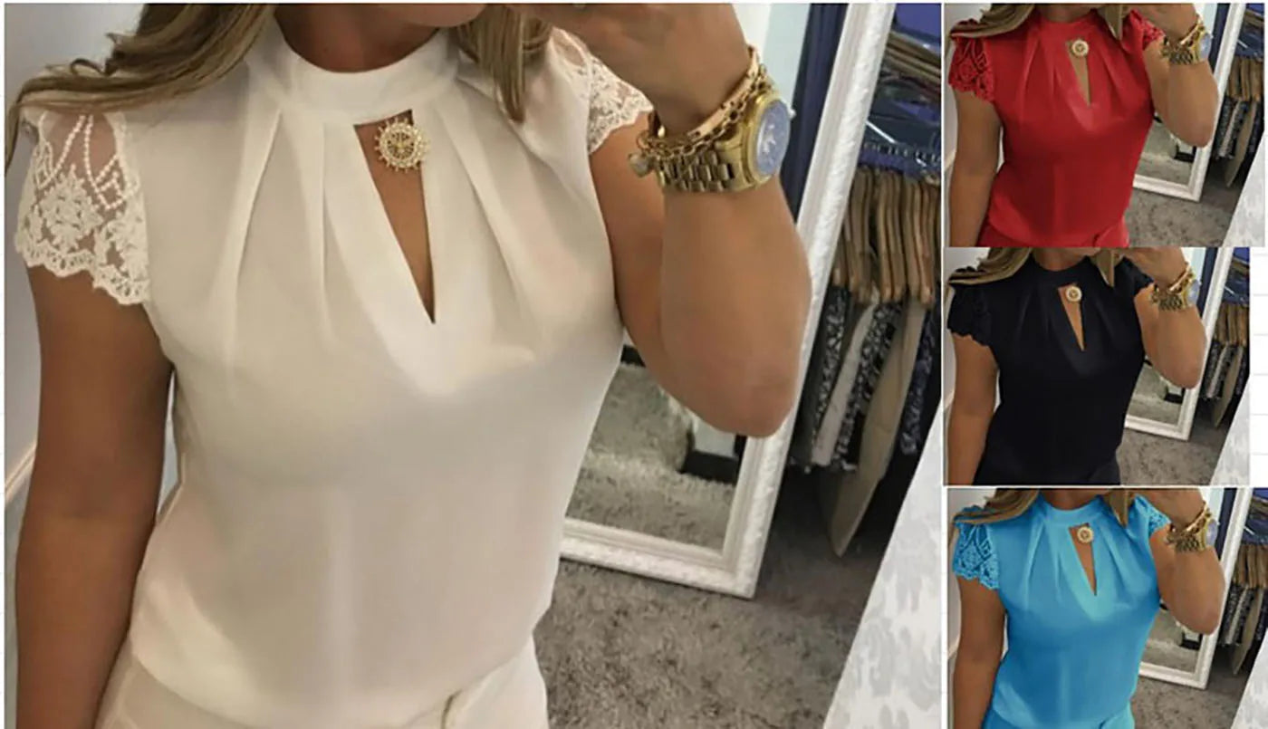 Stand up collar V neck Lace Blouse