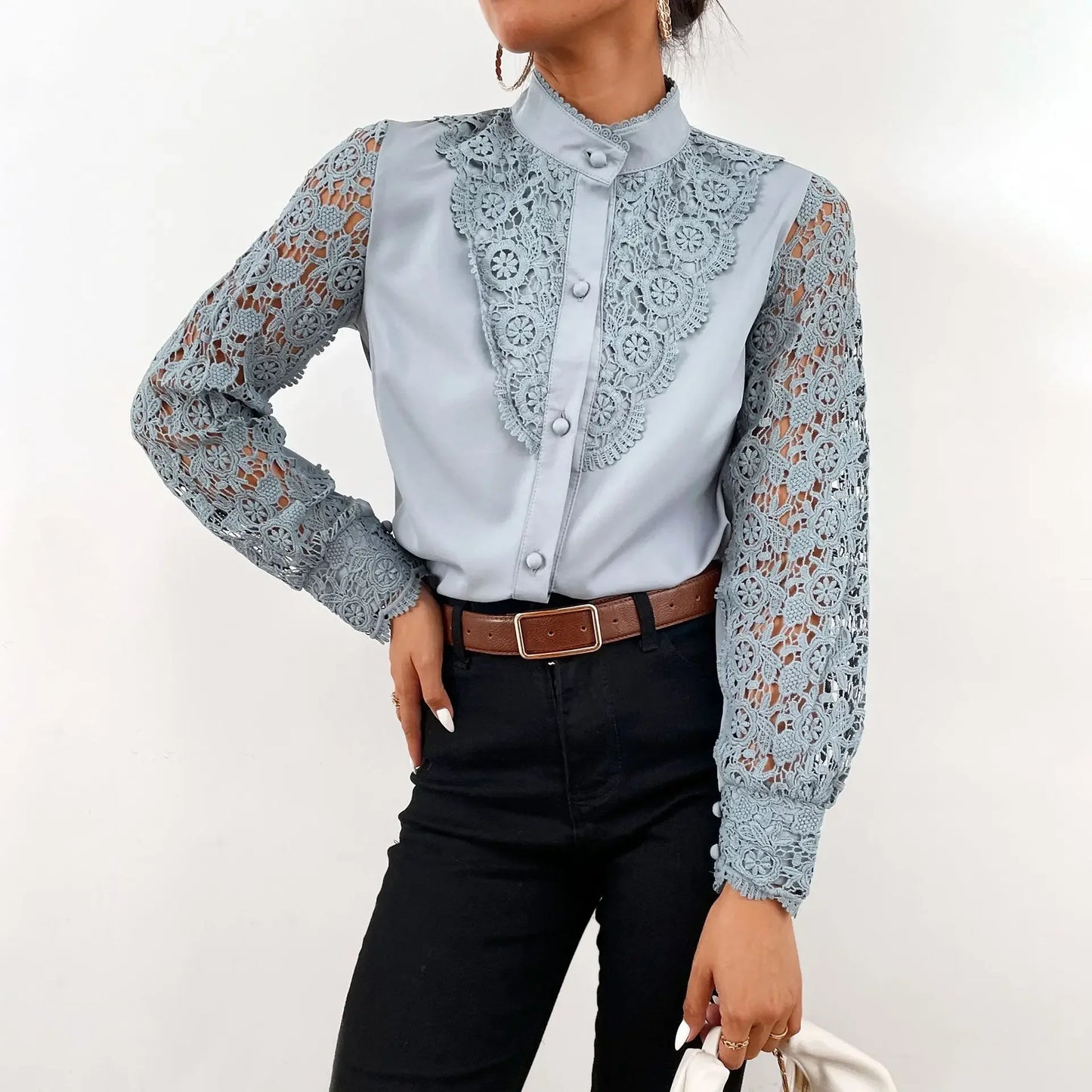Elegant Blouses Office Spring Casual Button V-neck Long Sleeve
