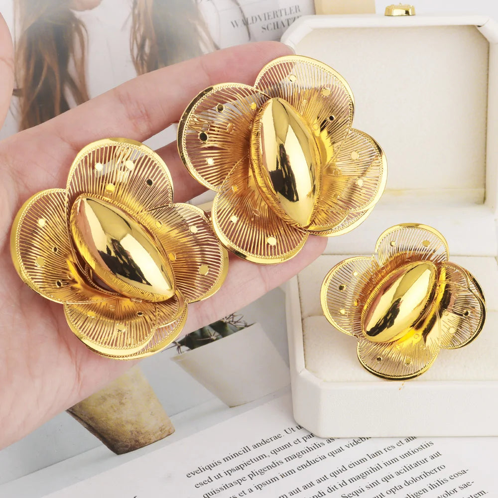 New Gold Plated Earrings Ring Set - Dubai Luxury Exaggerated Design