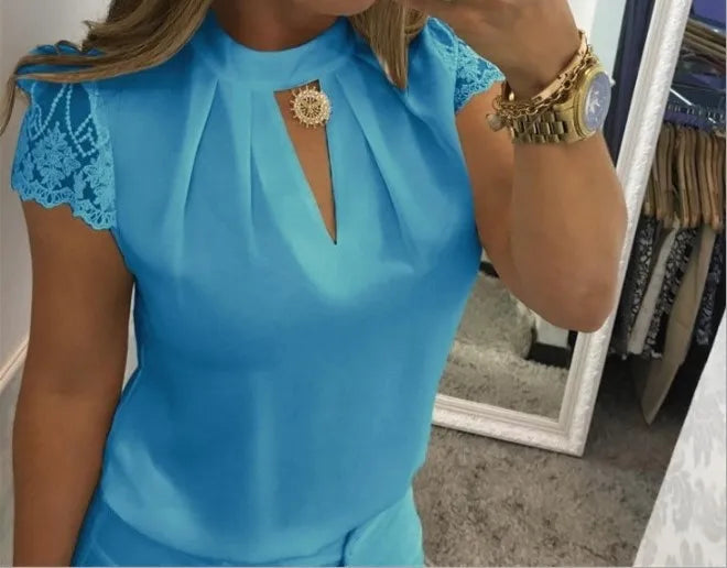 Stand up collar V neck Lace Blouse